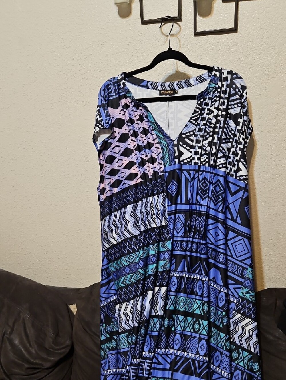 Reborn Blue Patterned V-Neck Maxi Dress with Pink Accents - Picture 2 of 8